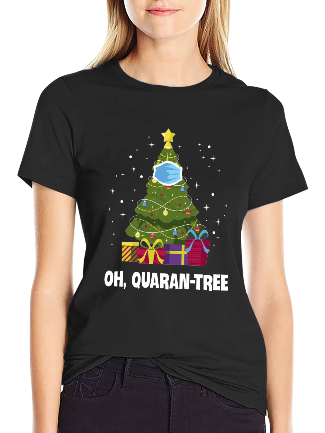 Camiseta Negra Navideña Quaran-Tree con Cubrebocas