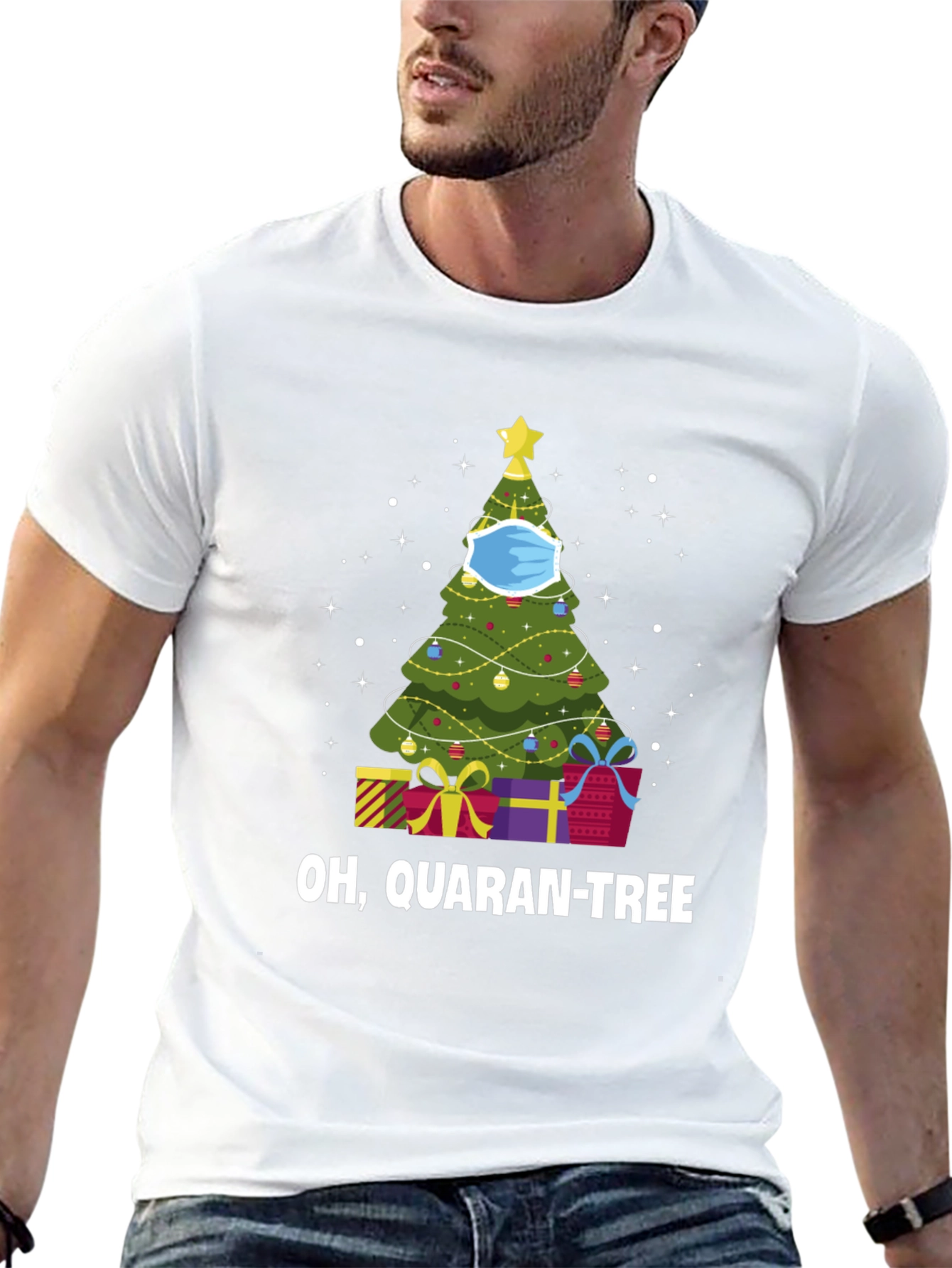 Camiseta Negra Navideña Quaran-Tree con Cubrebocas
