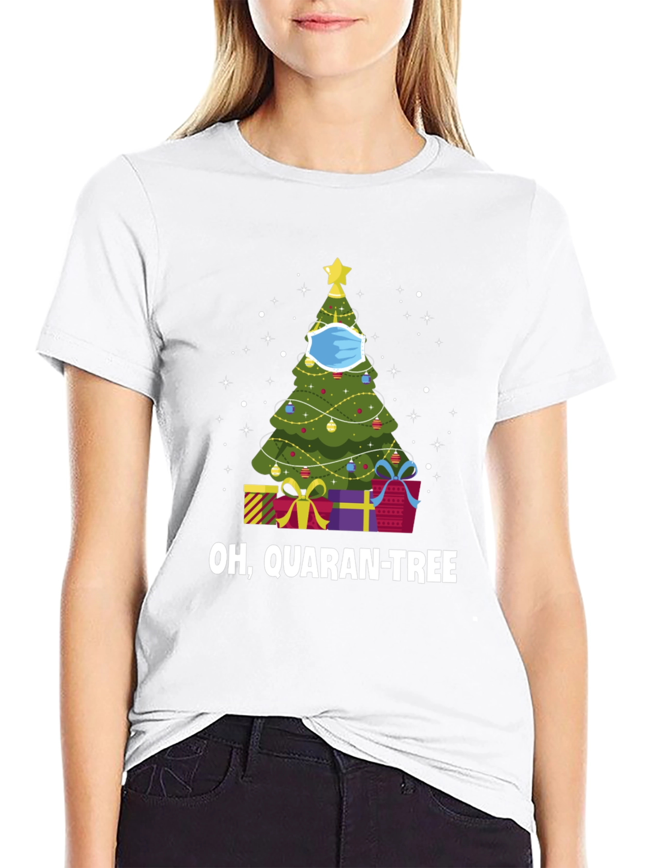 Camiseta Negra Navideña Quaran-Tree con Cubrebocas