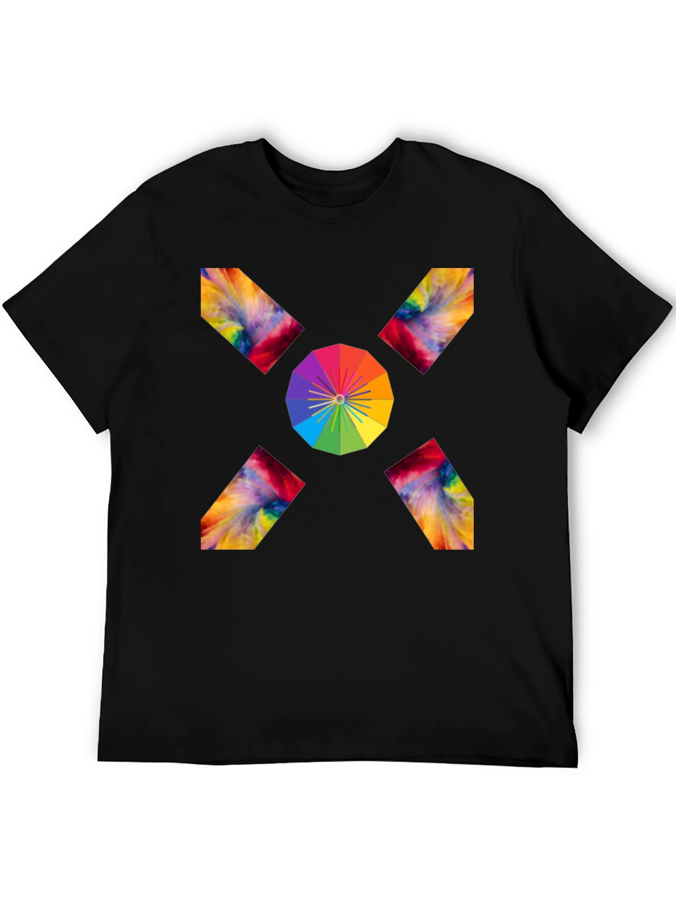 Camiseta Negra con Diseño Abstracto de Arcoíris