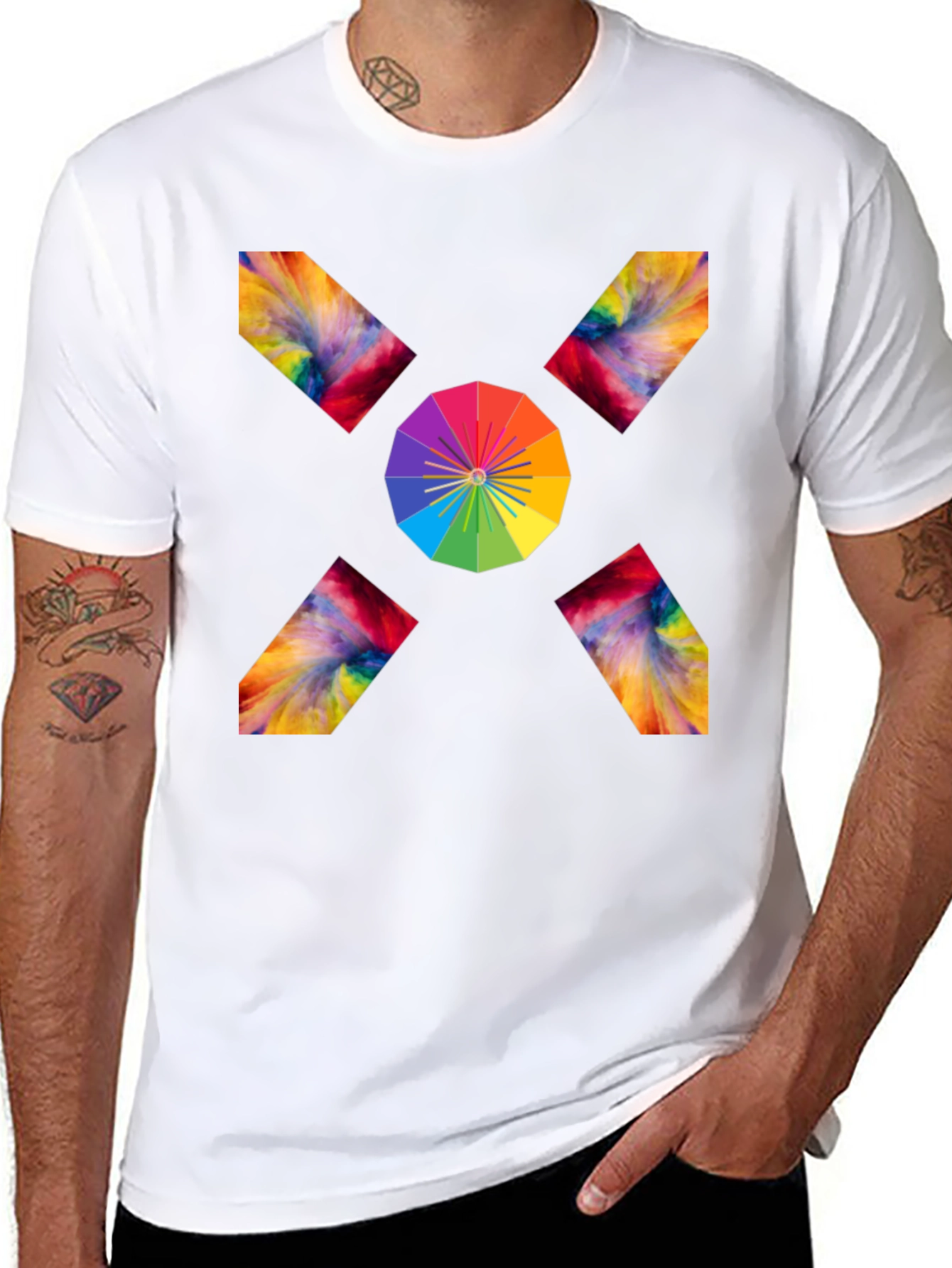 Camiseta Negra con Diseño Abstracto de Arcoíris