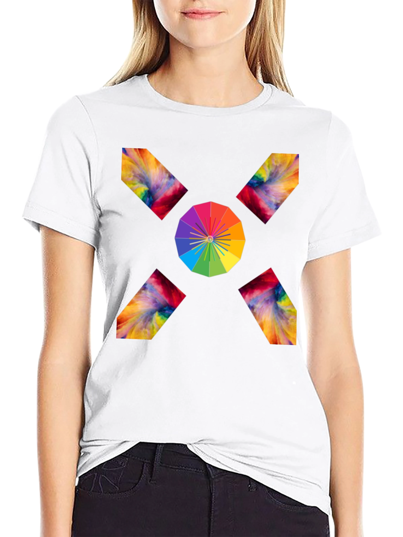 Camiseta Negra con Diseño Abstracto de Arcoíris