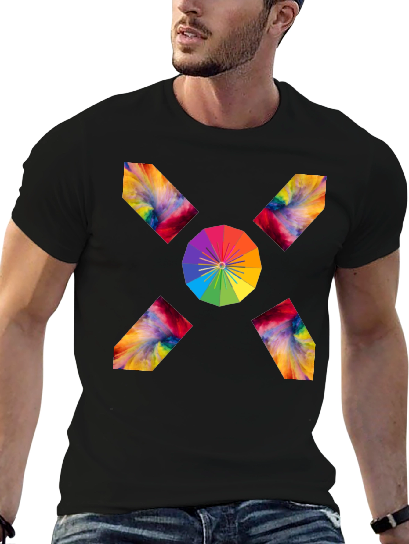 Camiseta Negra con Diseño Abstracto de Arcoíris
