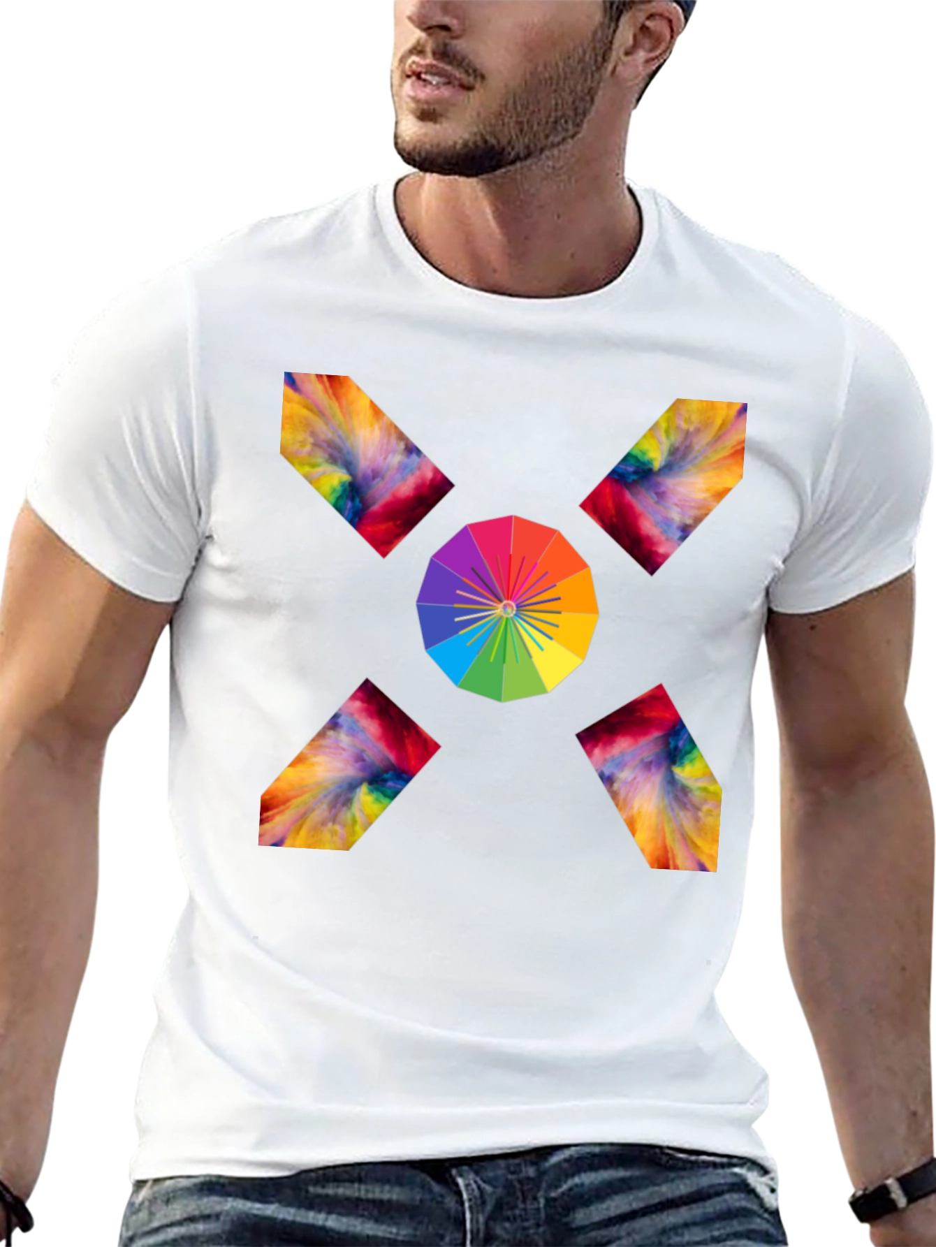 Camiseta Negra con Diseño Abstracto de Arcoíris