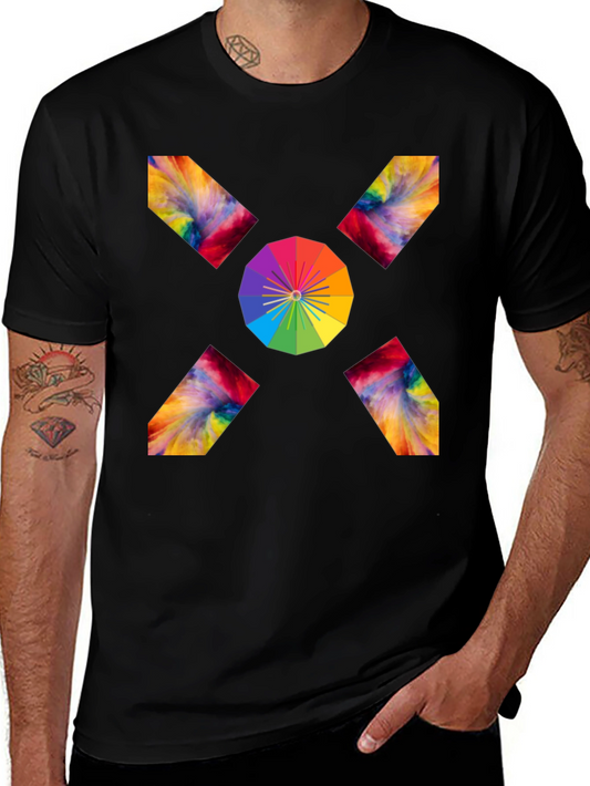 Camiseta Negra con Diseño Abstracto de Arcoíris