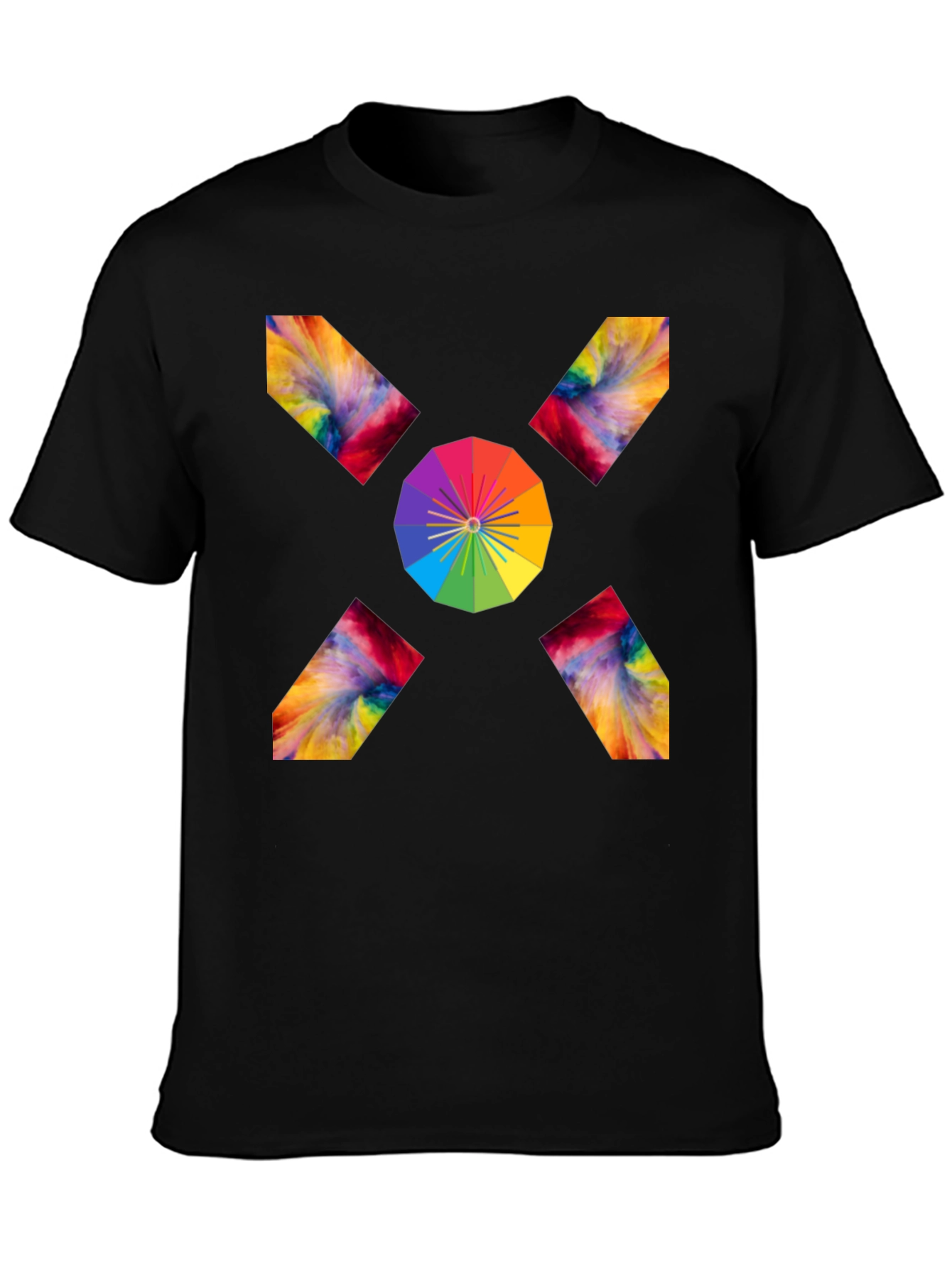 Camiseta Negra con Diseño Abstracto de Arcoíris