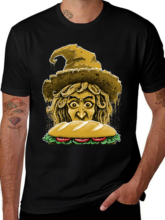 Camiseta Negra con Diseño de Bruja y Sándwich
