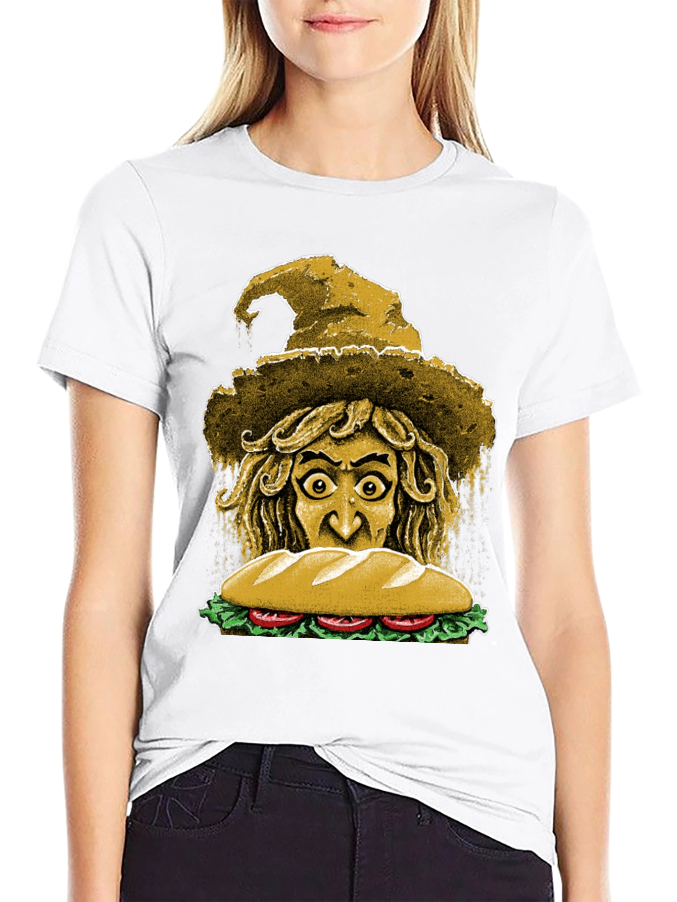 Camiseta Negra con Diseño de Bruja y Sándwich