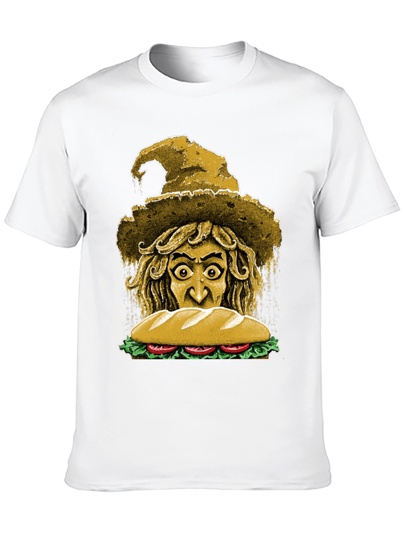 Camiseta Negra con Diseño de Bruja y Sándwich