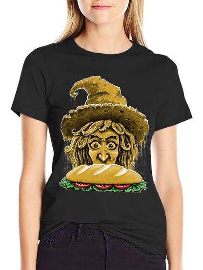 Camiseta Negra con Diseño de Bruja y Sándwich