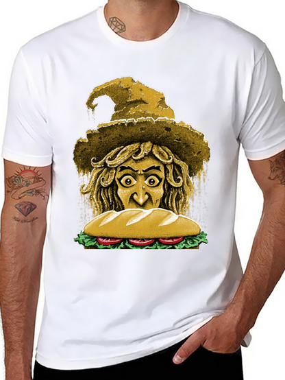 Camiseta Negra con Diseño de Bruja y Sándwich