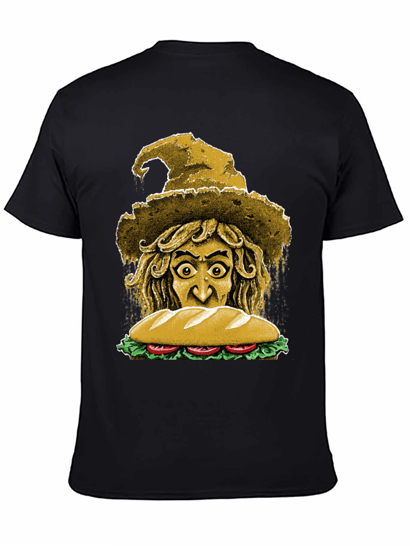 Camiseta Negra con Diseño de Bruja y Sándwich