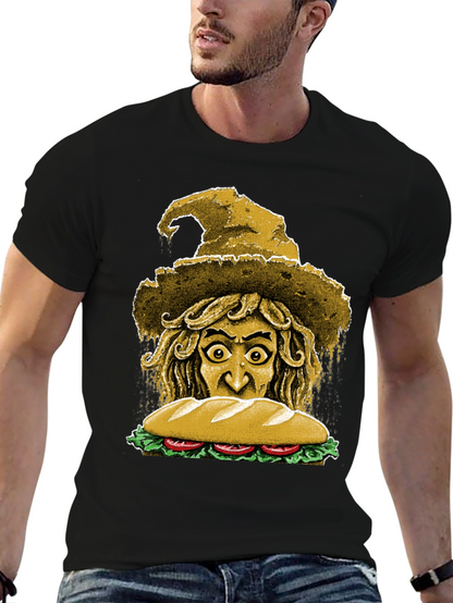 Camiseta Negra con Diseño de Bruja y Sándwich