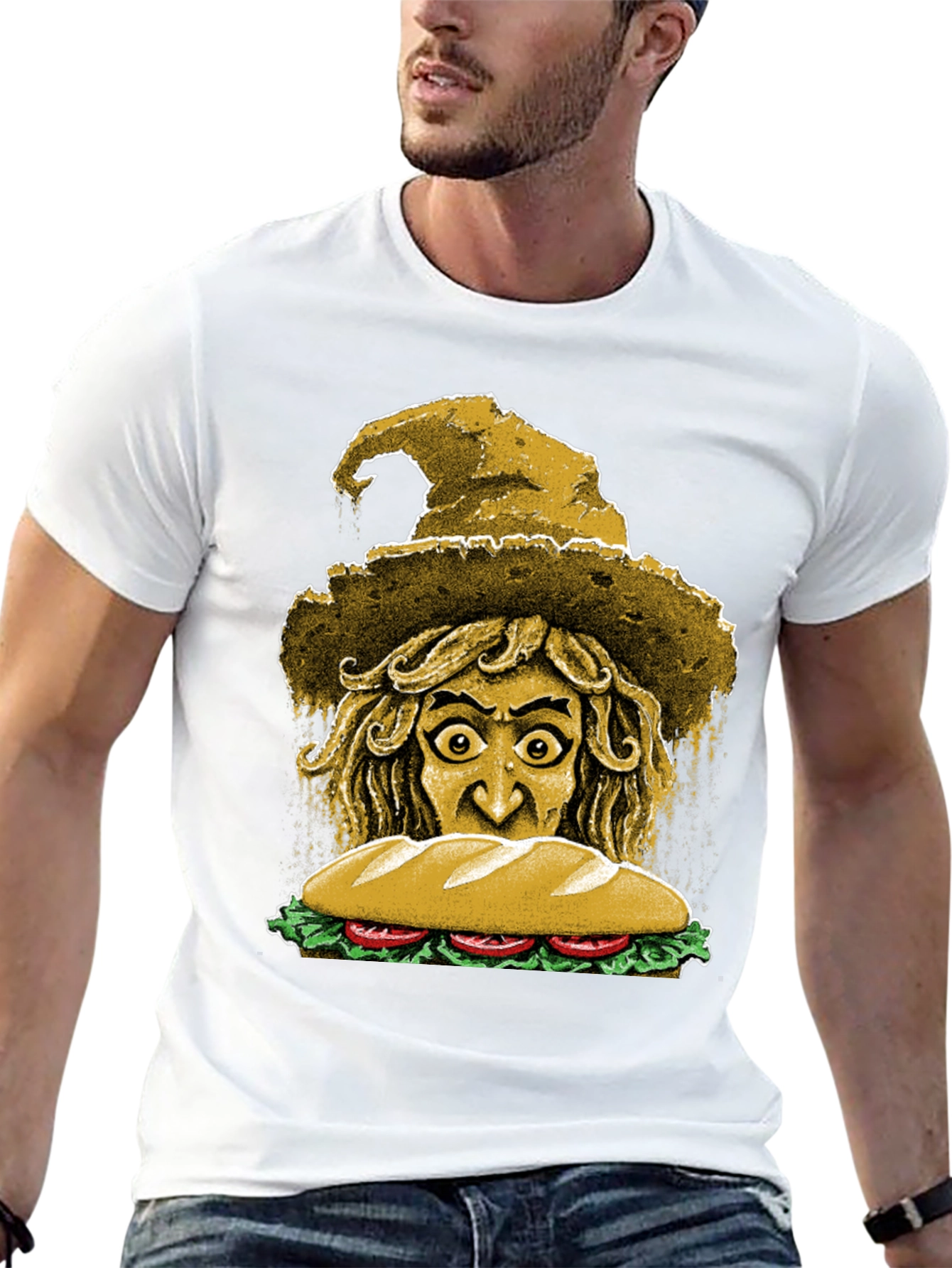 Camiseta Negra con Diseño de Bruja y Sándwich