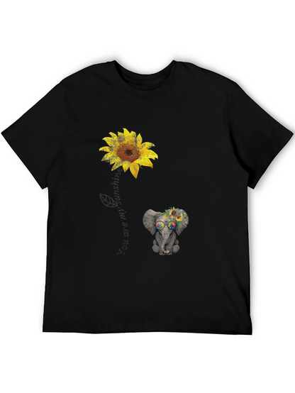 Camiseta Negra con Girasol y Elefante Hippie