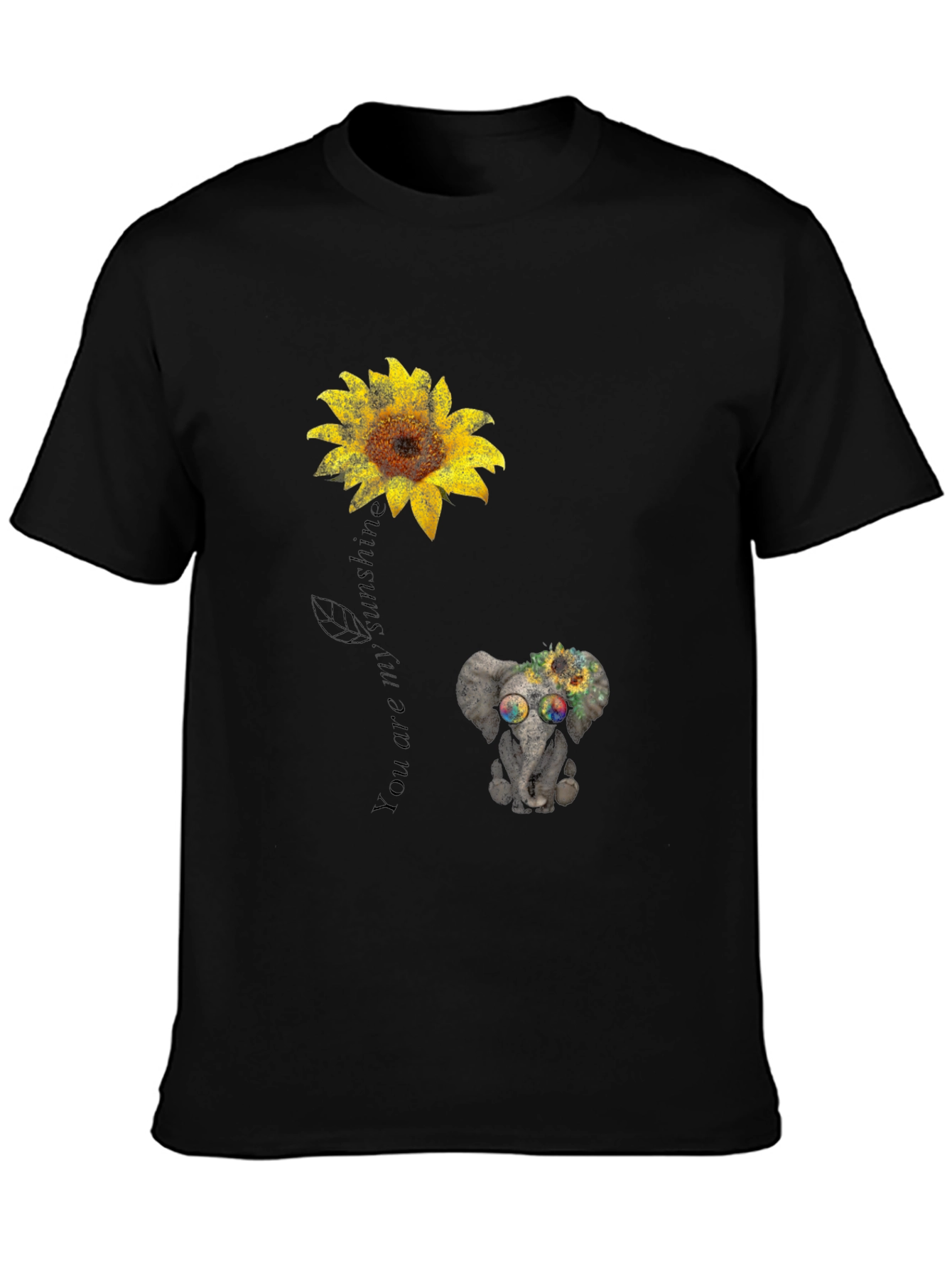 Camiseta Negra con Girasol y Elefante Hippie