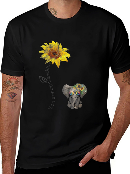 Camiseta Negra con Girasol y Elefante Hippie