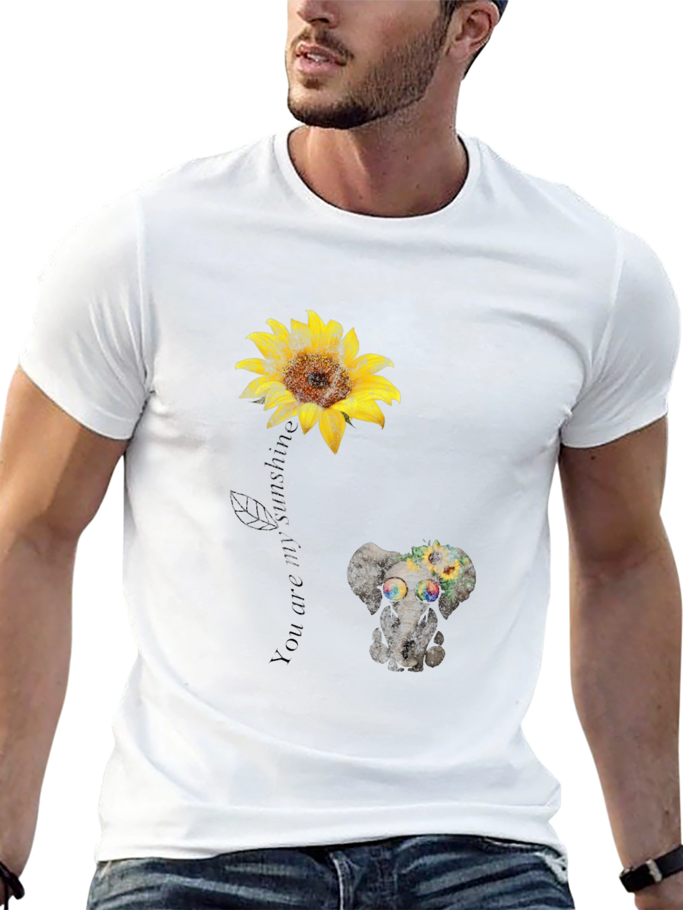 Camiseta Negra con Girasol y Elefante Hippie