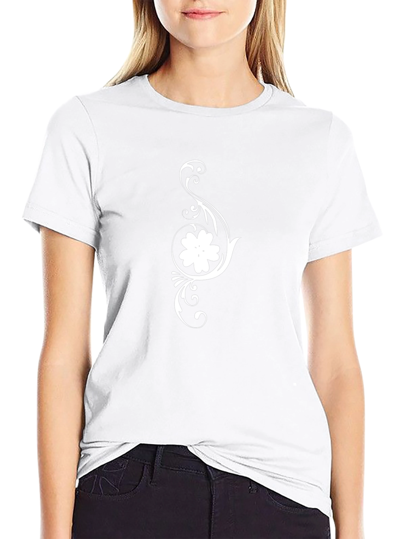 Camiseta Negra con Diseño Floral Blanco