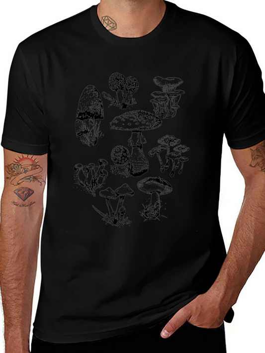 Camiseta Negra con Diseño de Hongos Vintage