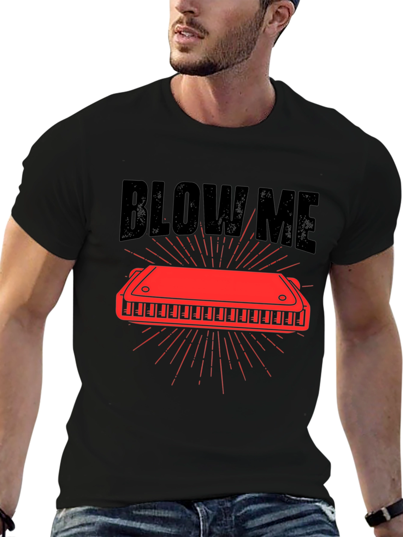Camiseta Negra con Diseño de Armónica Blow Me