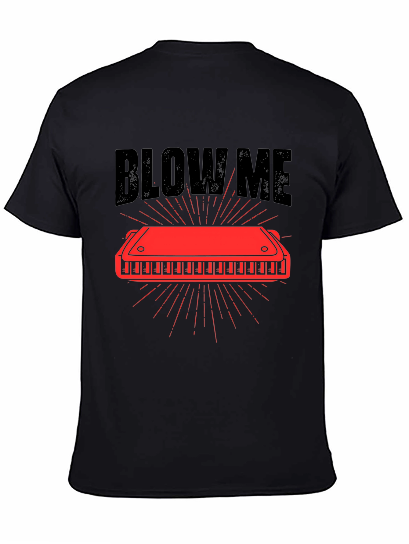 Camiseta Negra con Diseño de Armónica Blow Me
