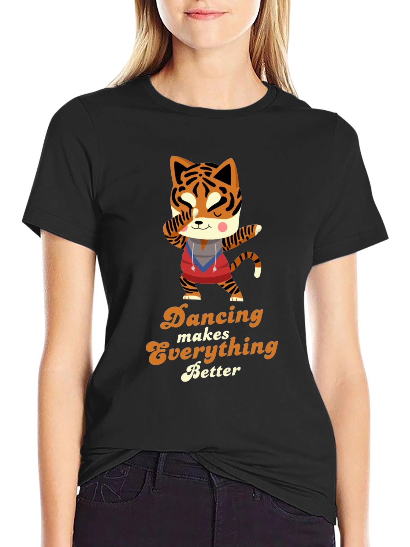 Camiseta Negra con Diseño de Tigre Bailarín