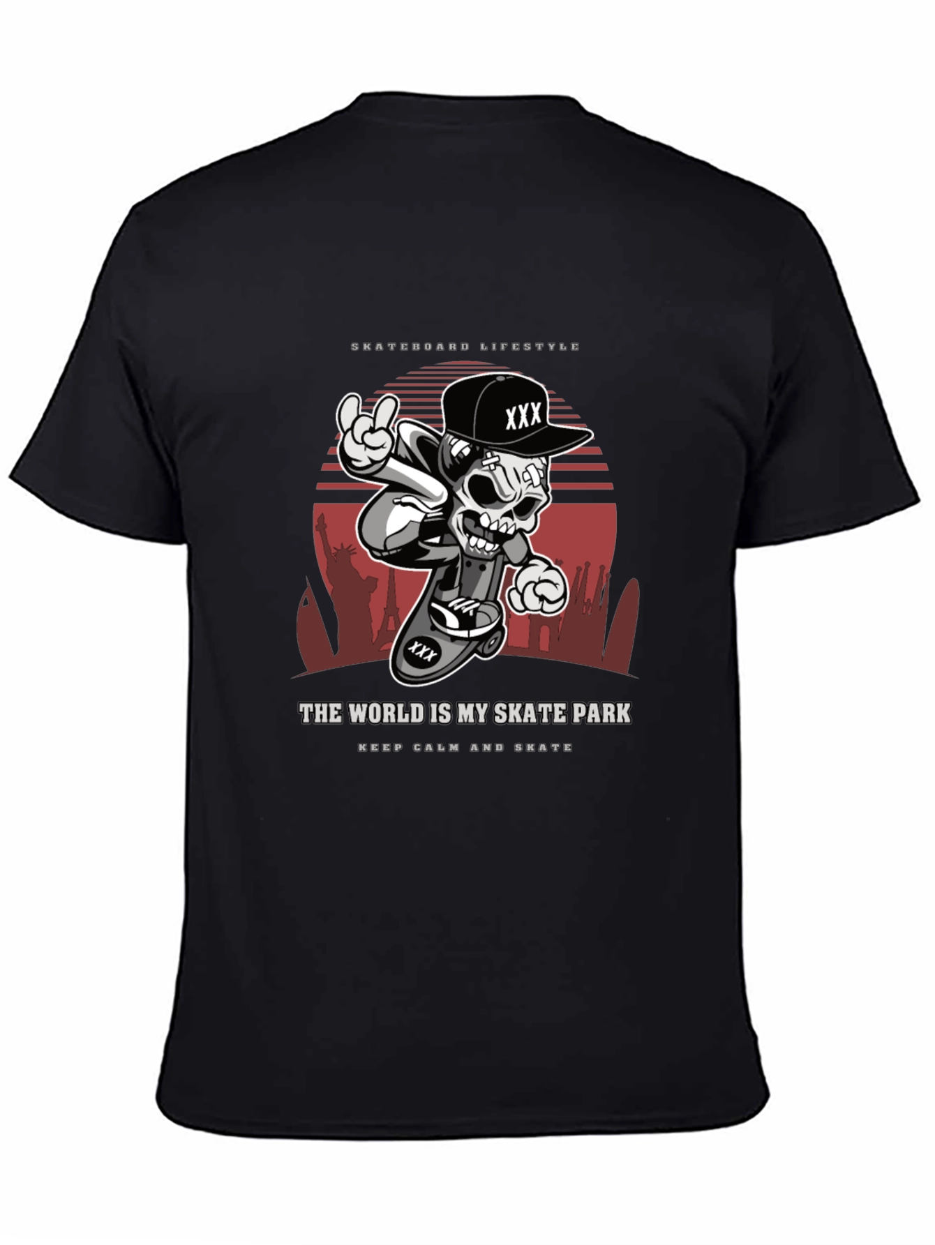 Camiseta Negra Estilo Skateboarding Calavera Urbana