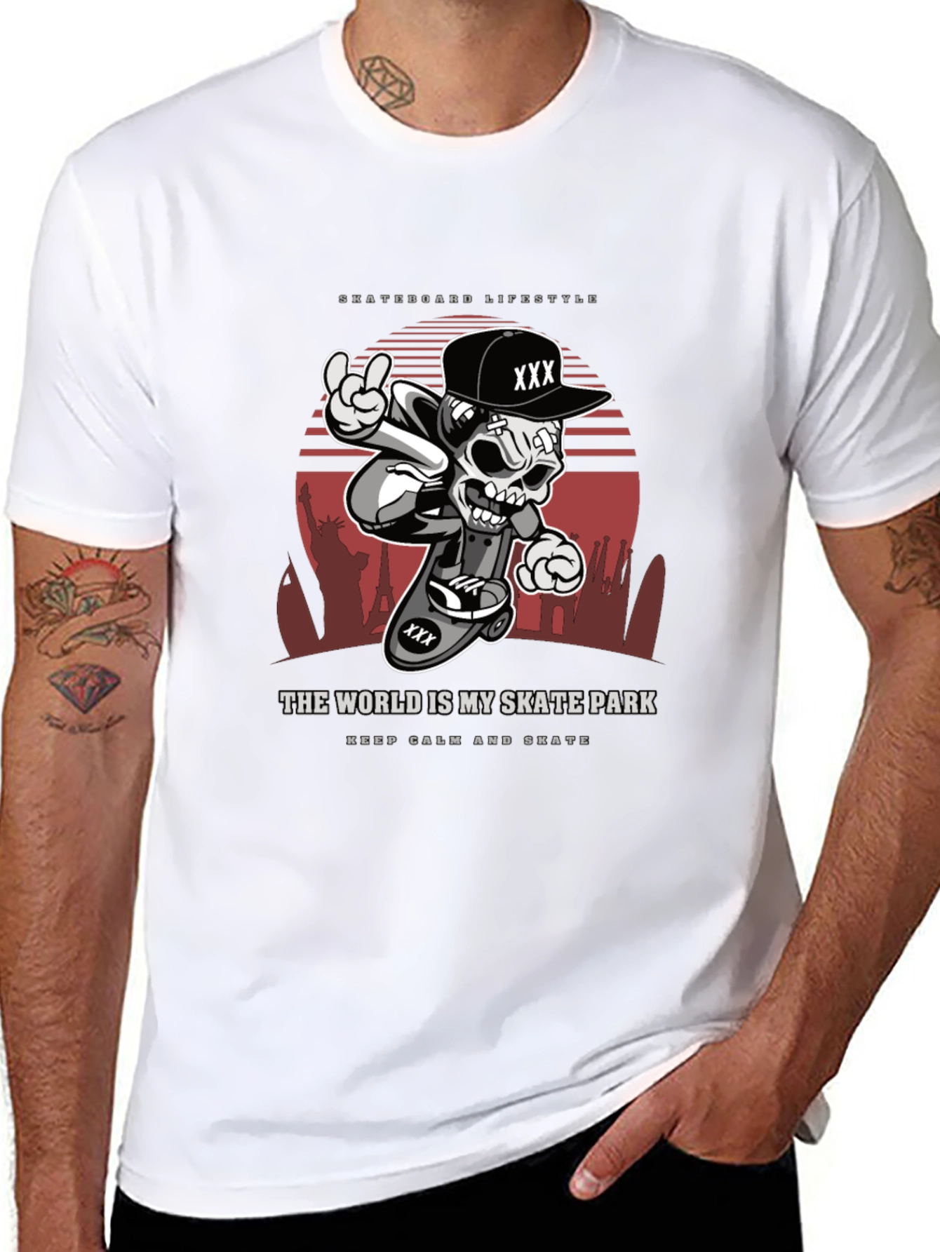Camiseta Negra Estilo Skateboarding Calavera Urbana