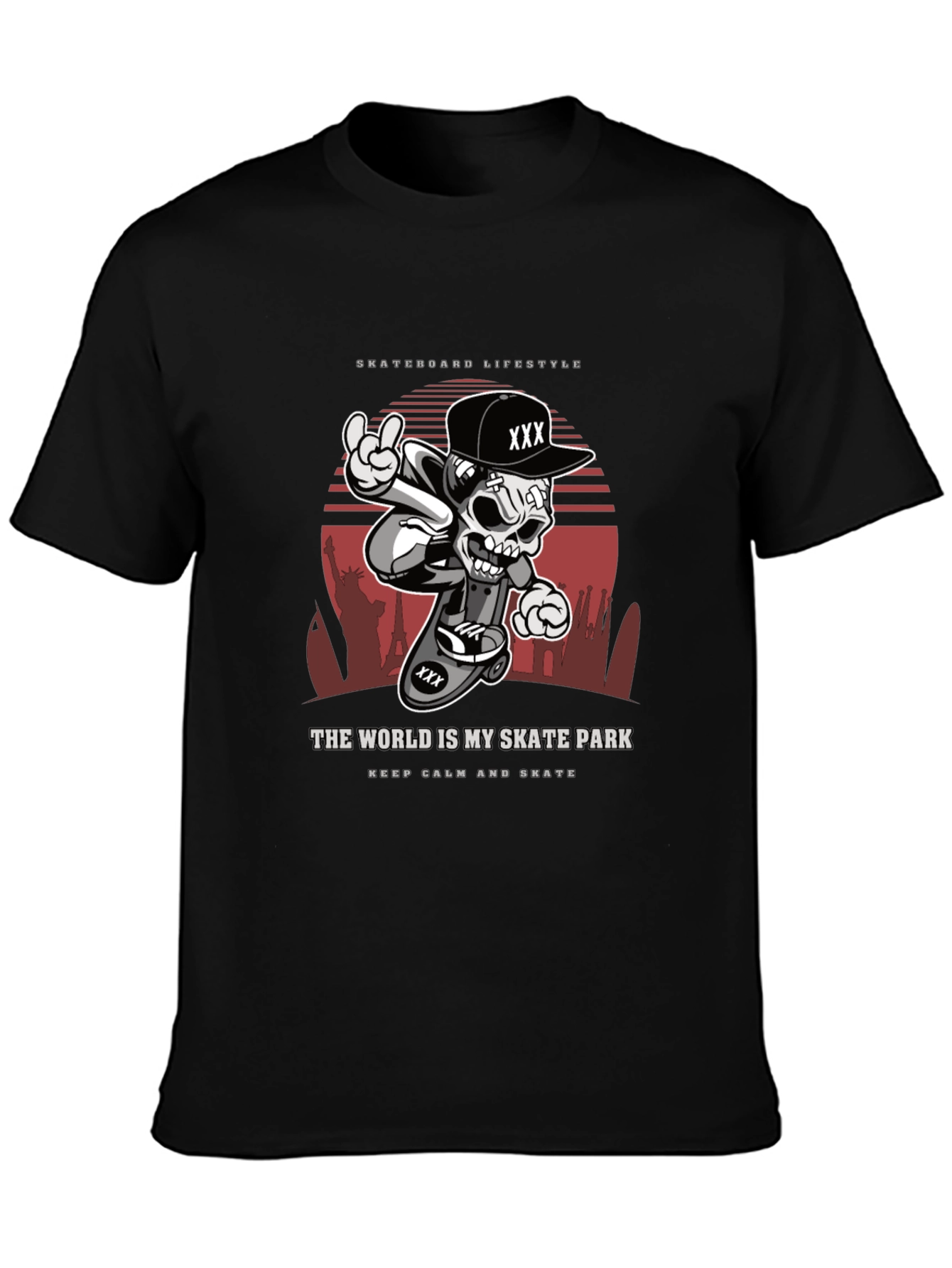 Camiseta Negra Estilo Skateboarding Calavera Urbana