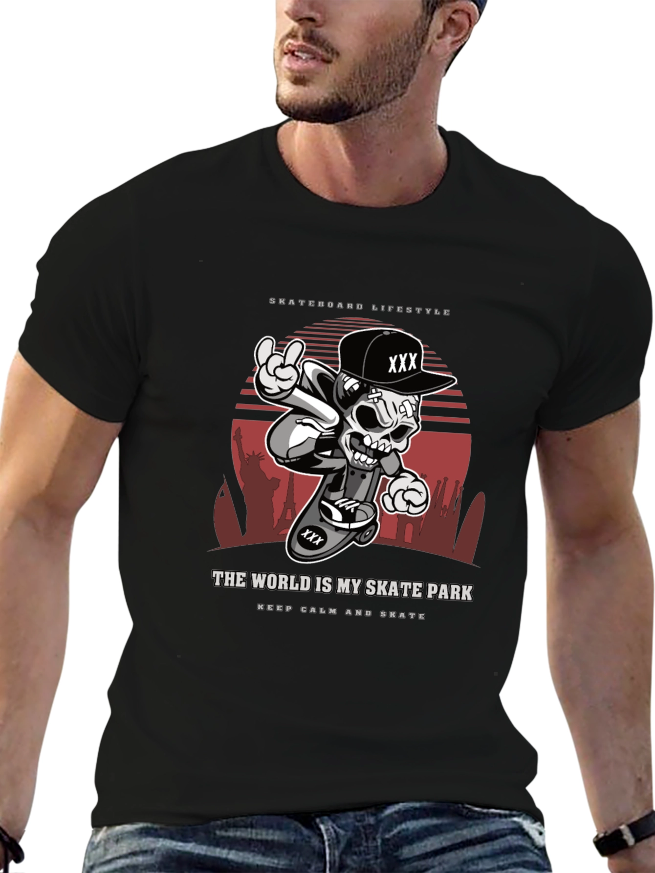 Camiseta Negra Estilo Skateboarding Calavera Urbana