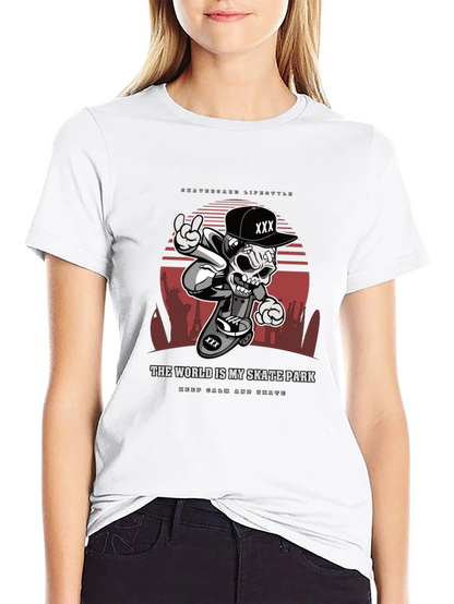 Camiseta Negra Estilo Skateboarding Calavera Urbana