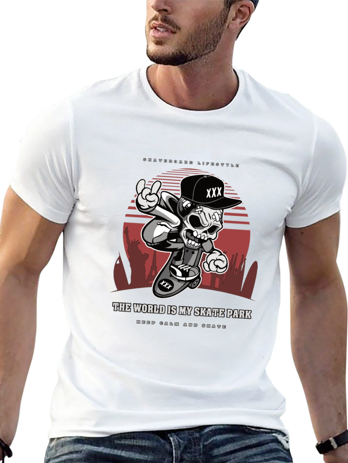 Camiseta Negra Estilo Skateboarding Calavera Urbana