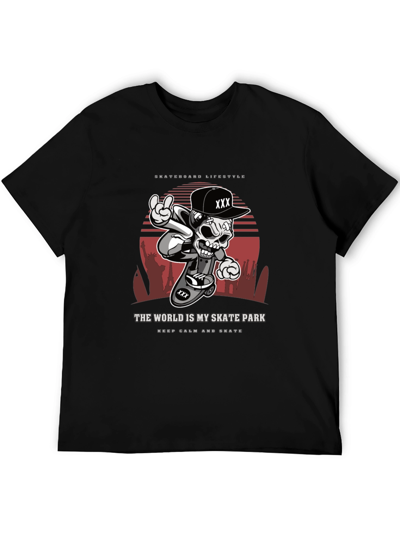 Camiseta Negra Estilo Skateboarding Calavera Urbana