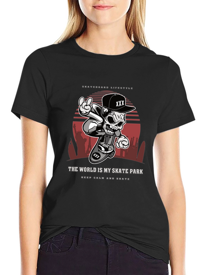 Camiseta Negra Estilo Skateboarding Calavera Urbana