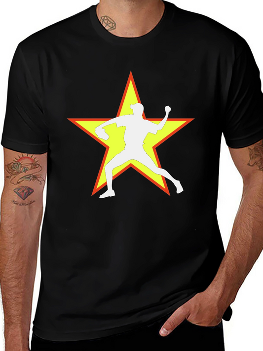 Camiseta Negra con Estrella y Lanzador de Béisbol