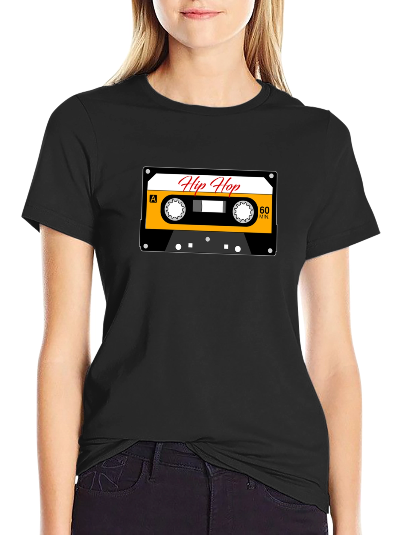 Camiseta Negra con Diseño de Cassette Hip Hop