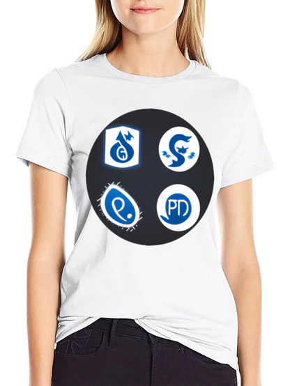 Camiseta Negra con Insignias Azules y Blancas
