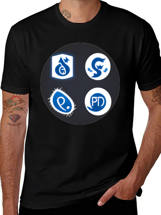 Camiseta Negra con Insignias Azules y Blancas
