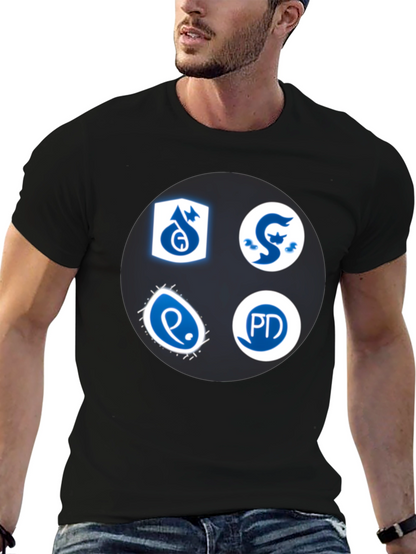 Camiseta Negra con Insignias Azules y Blancas