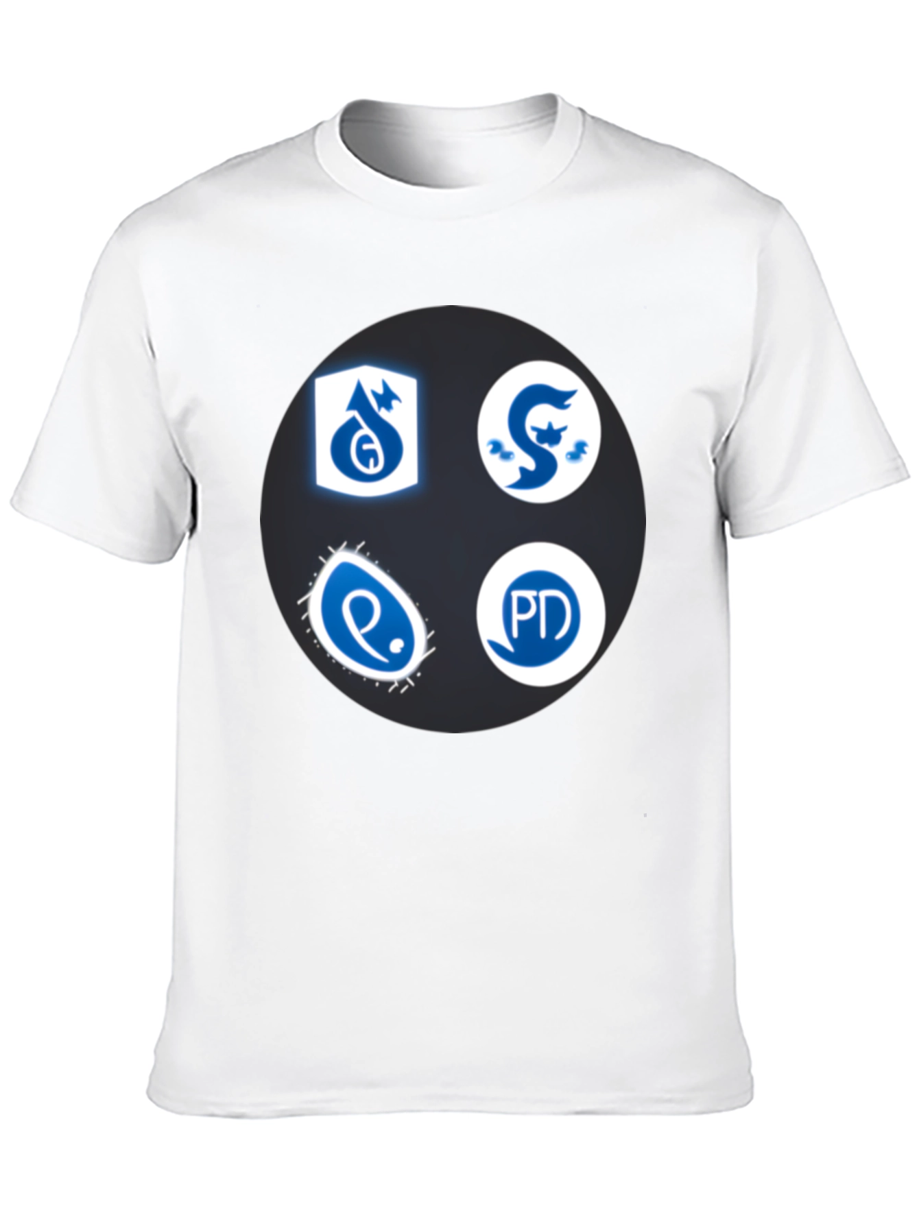 Camiseta Negra con Insignias Azules y Blancas
