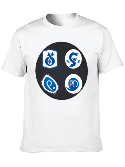 Camiseta Negra con Insignias Azules y Blancas