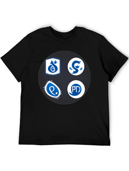 Camiseta Negra con Insignias Azules y Blancas