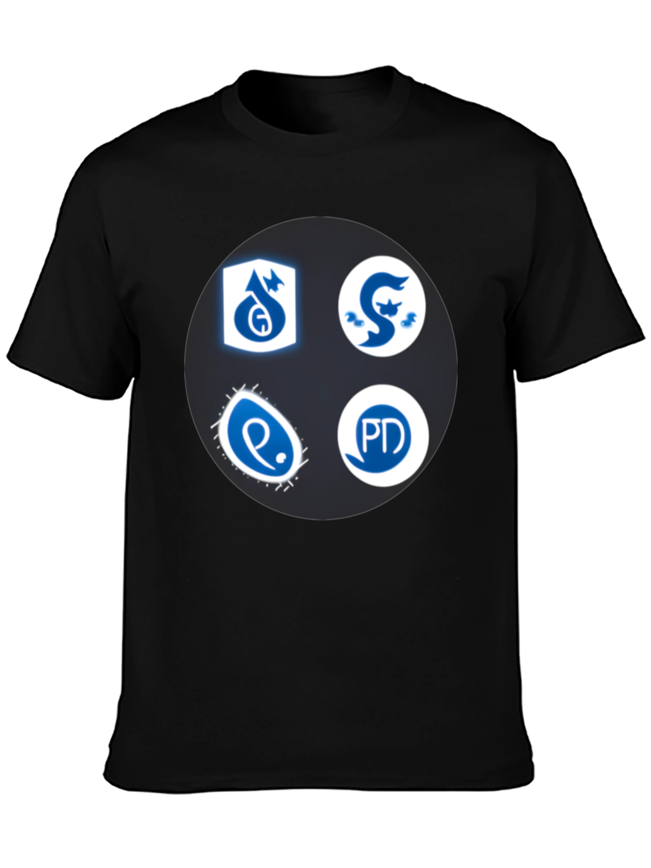 Camiseta Negra con Insignias Azules y Blancas