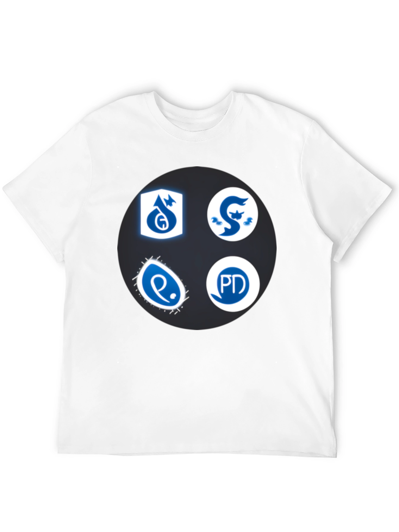 Camiseta Negra con Insignias Azules y Blancas