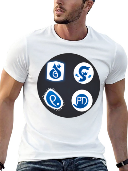 Camiseta Negra con Insignias Azules y Blancas