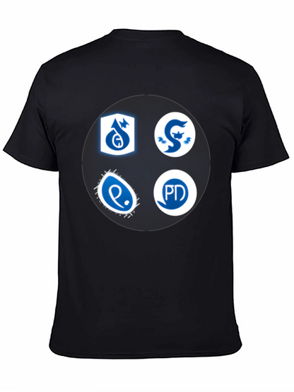 Camiseta Negra con Insignias Azules y Blancas
