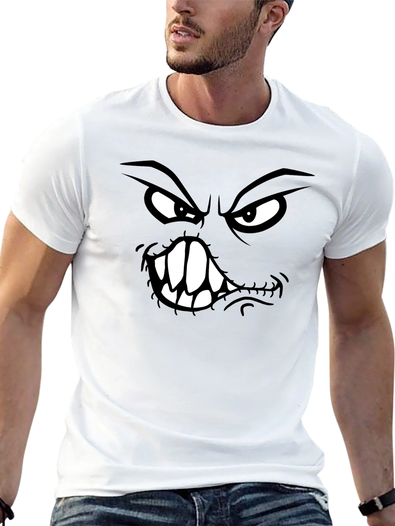 Camiseta Negra con Estampado de Cara Monstruosa