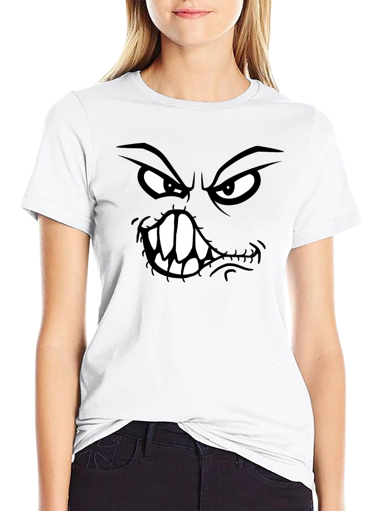 Camiseta Negra con Estampado de Cara Monstruosa