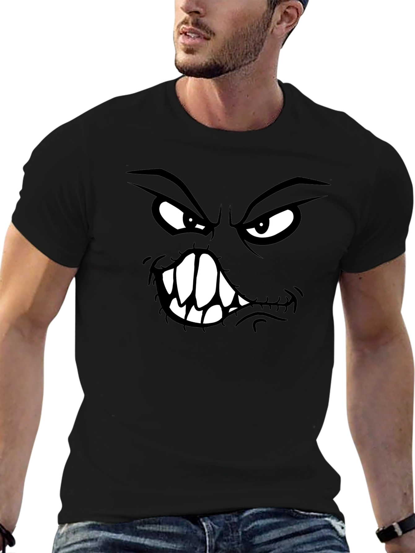 Camiseta Negra con Estampado de Cara Monstruosa